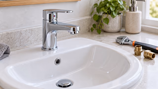 Grifo y lavabo con herramientas de fontanería
